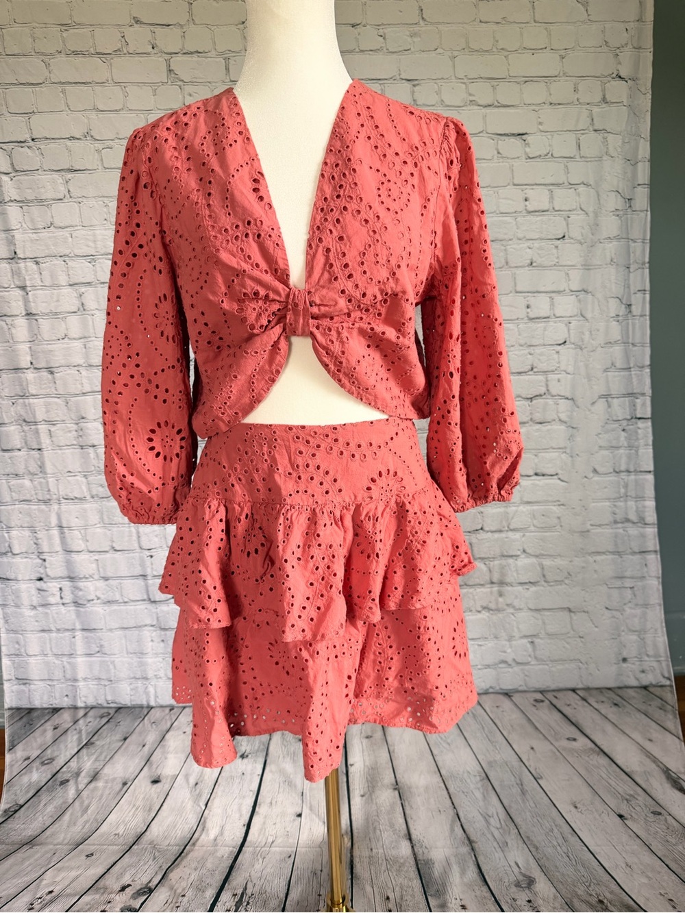 Express Eyelet Ruffle Mini Skirt and Top in Coral Pink